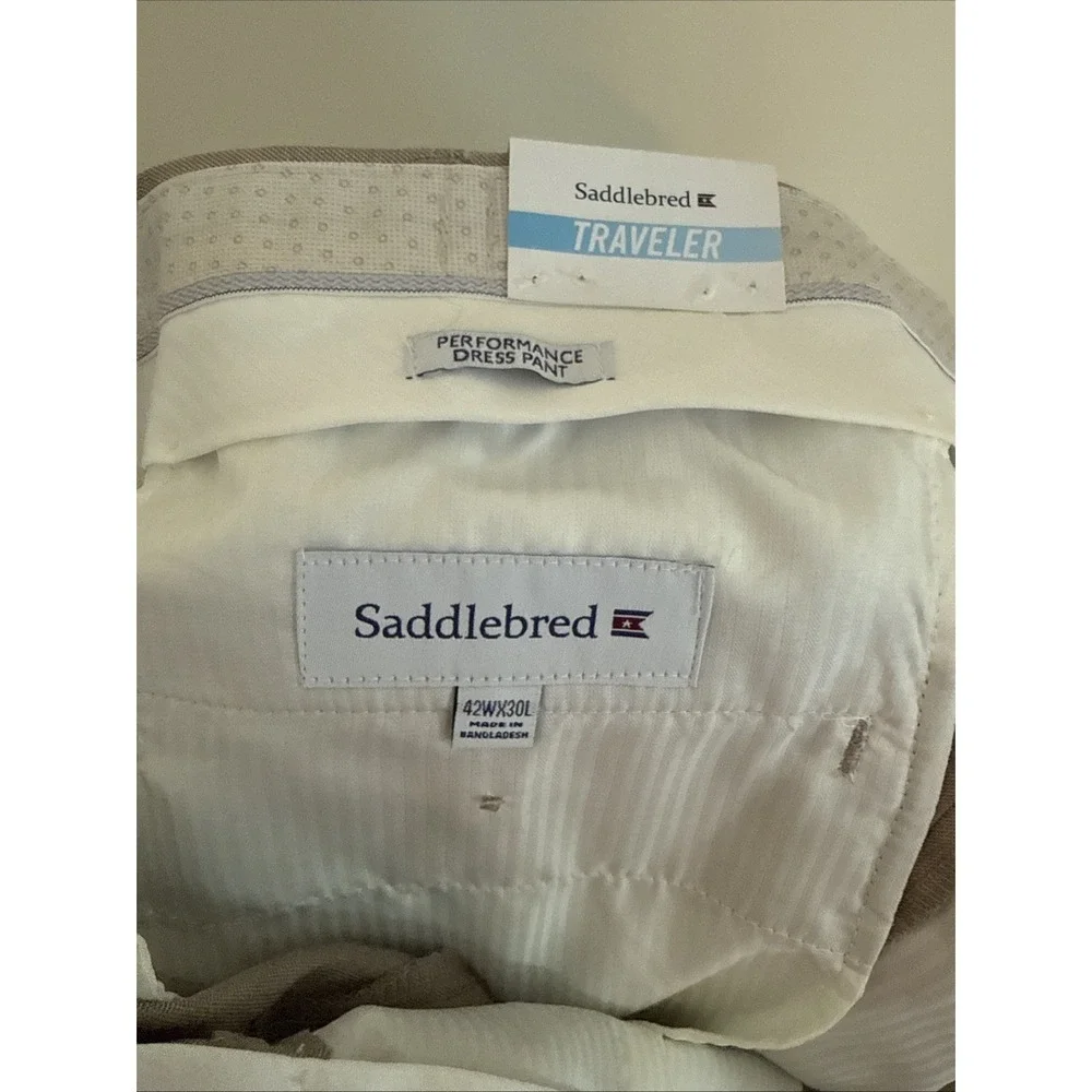 Saddlebred Dress Pants Mens 42x30 Beige Traveler Comfort Flex Straight Fit